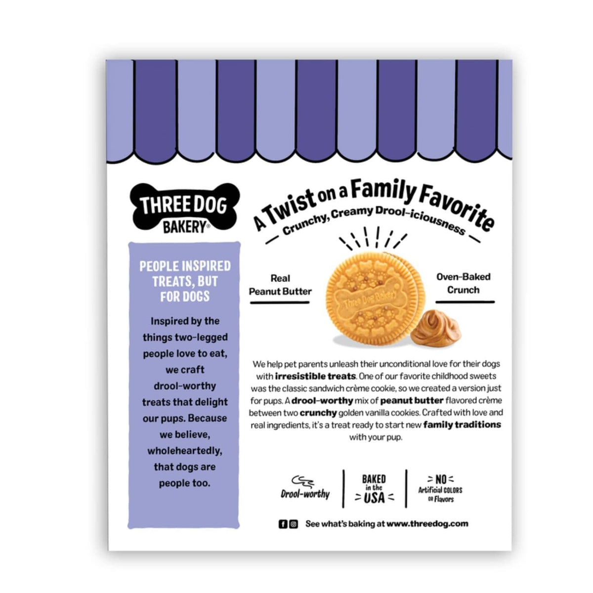 Three Dog Bakery Lick'n Crunch! treats box back with brand info and product details