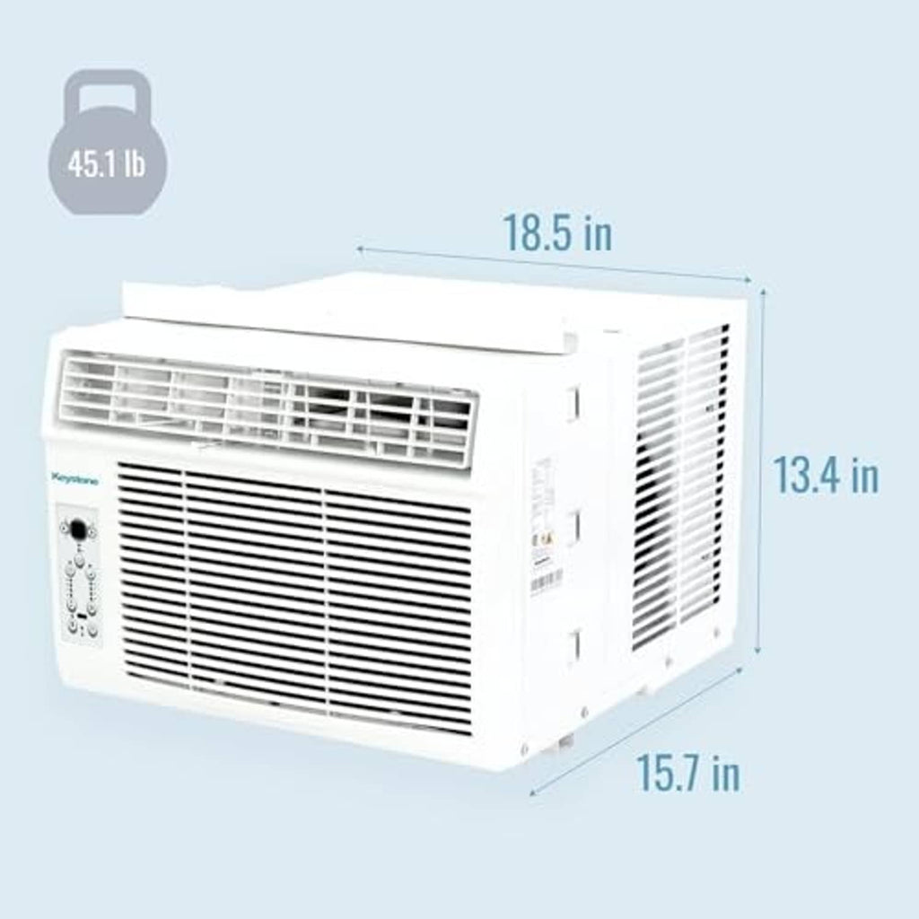White window air conditioner showing product dimensions and front vent