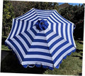 Replacement umbrella canopy with royal and white stripes and scalloped edge trim