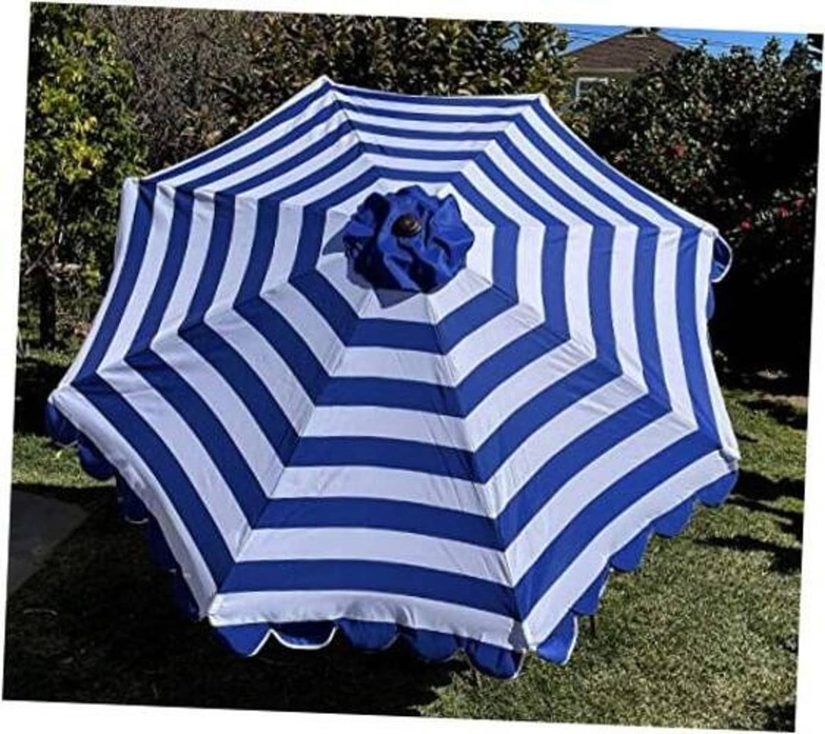 Replacement umbrella canopy with royal and white stripes and scalloped edge trim