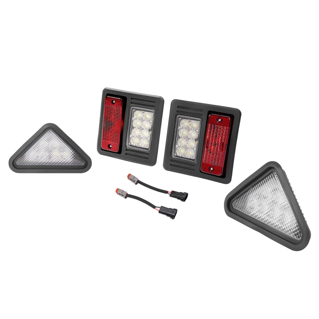 LED exterior light kit with two rectangular red/clear lights, two white triangular lights, harness
