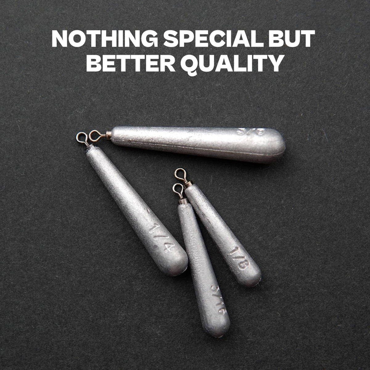 Silver fishing drop shot sinkers with metal eyelets, fanned layout
