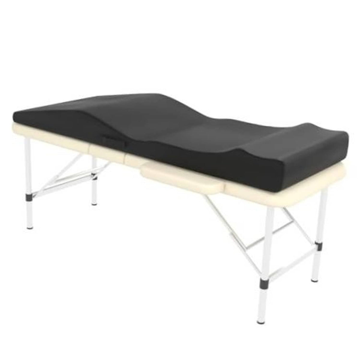 Black ergonomic massage table foam topper with contoured cushion on a folding bed frame