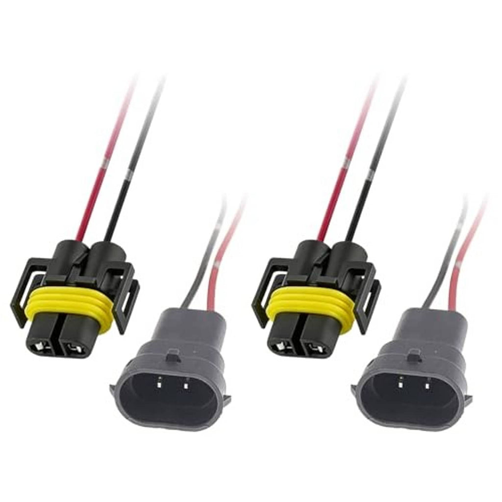 Two H11 socket wiring harness pigtails with red/black wires and yellow locking rings