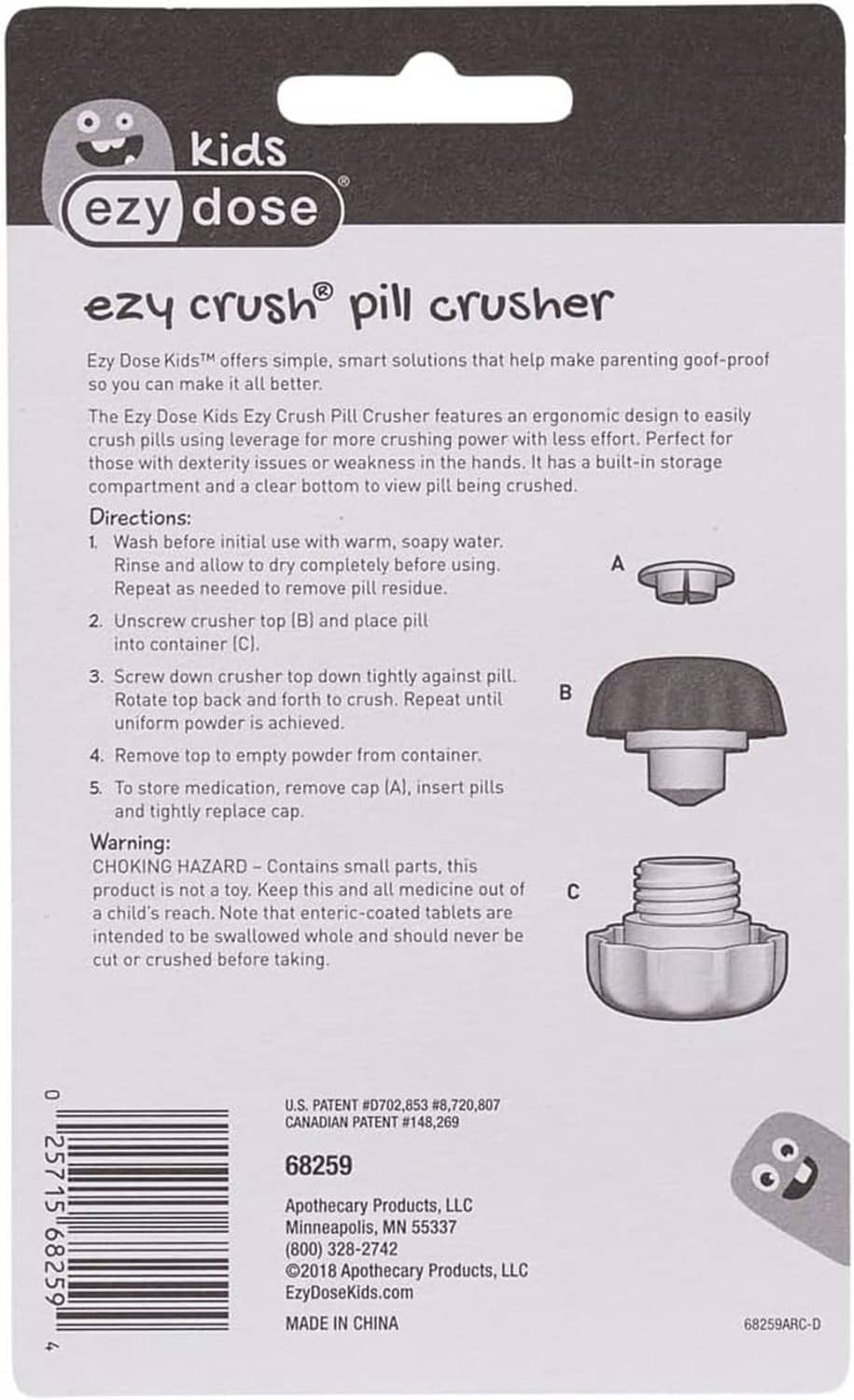 Kids ezy dose ezy crush pill crusher retail package with illustrated parts.