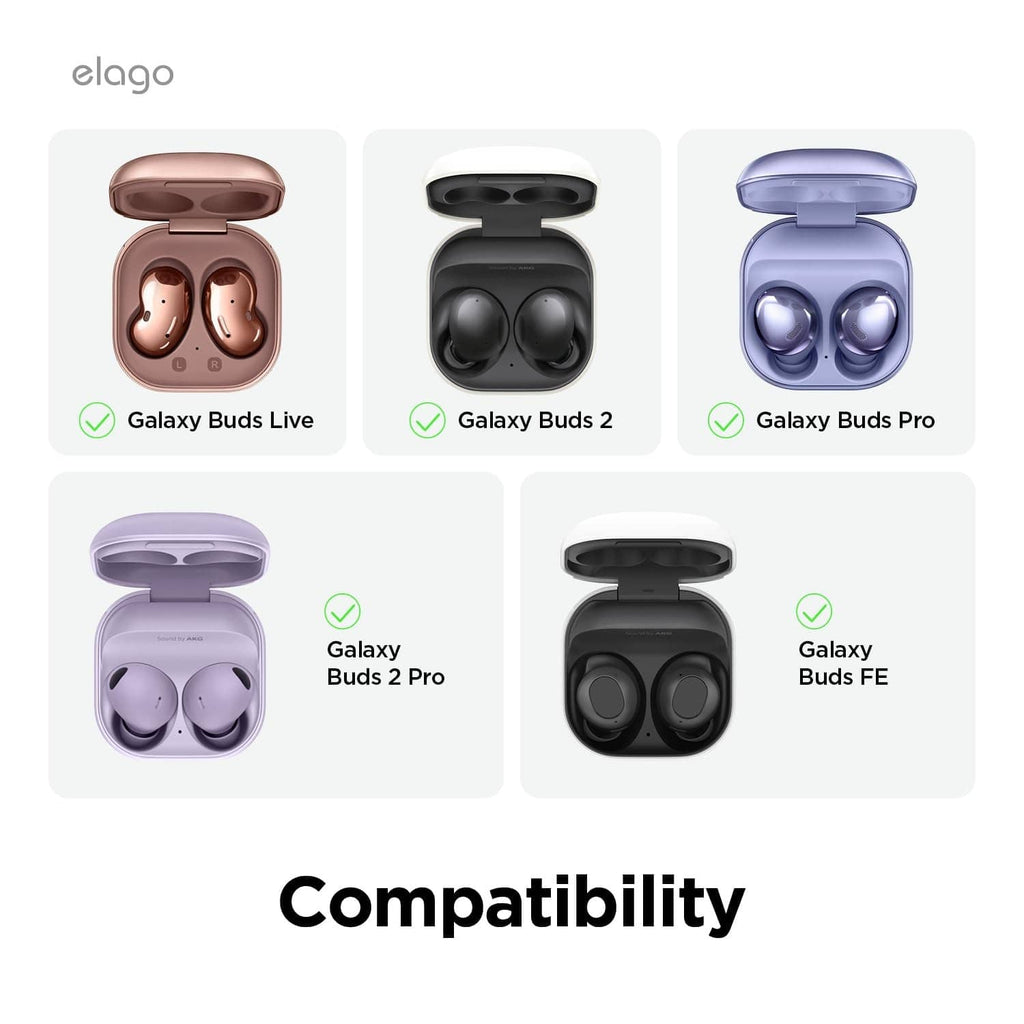 Clear protective earbuds case shown with compatibility thumbnails for different models