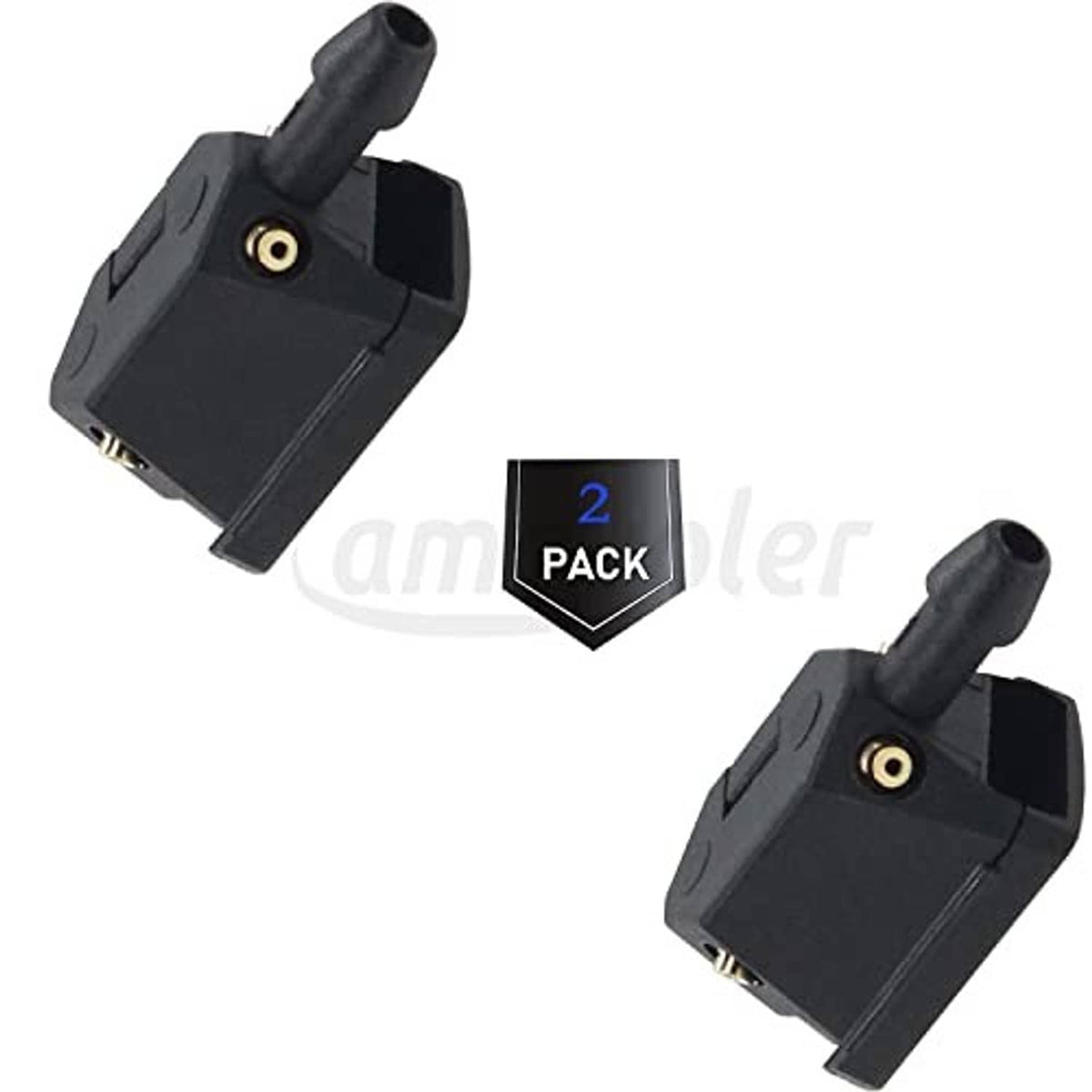 Universal washer nozzle arms, 2-pack, black housings with 9mm ports and jet tubes.