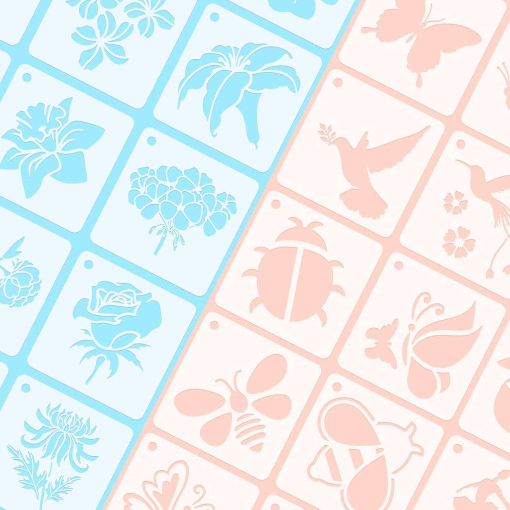 Pastel stencil sheets with butterflies, roses, and floral icons in blue and pink