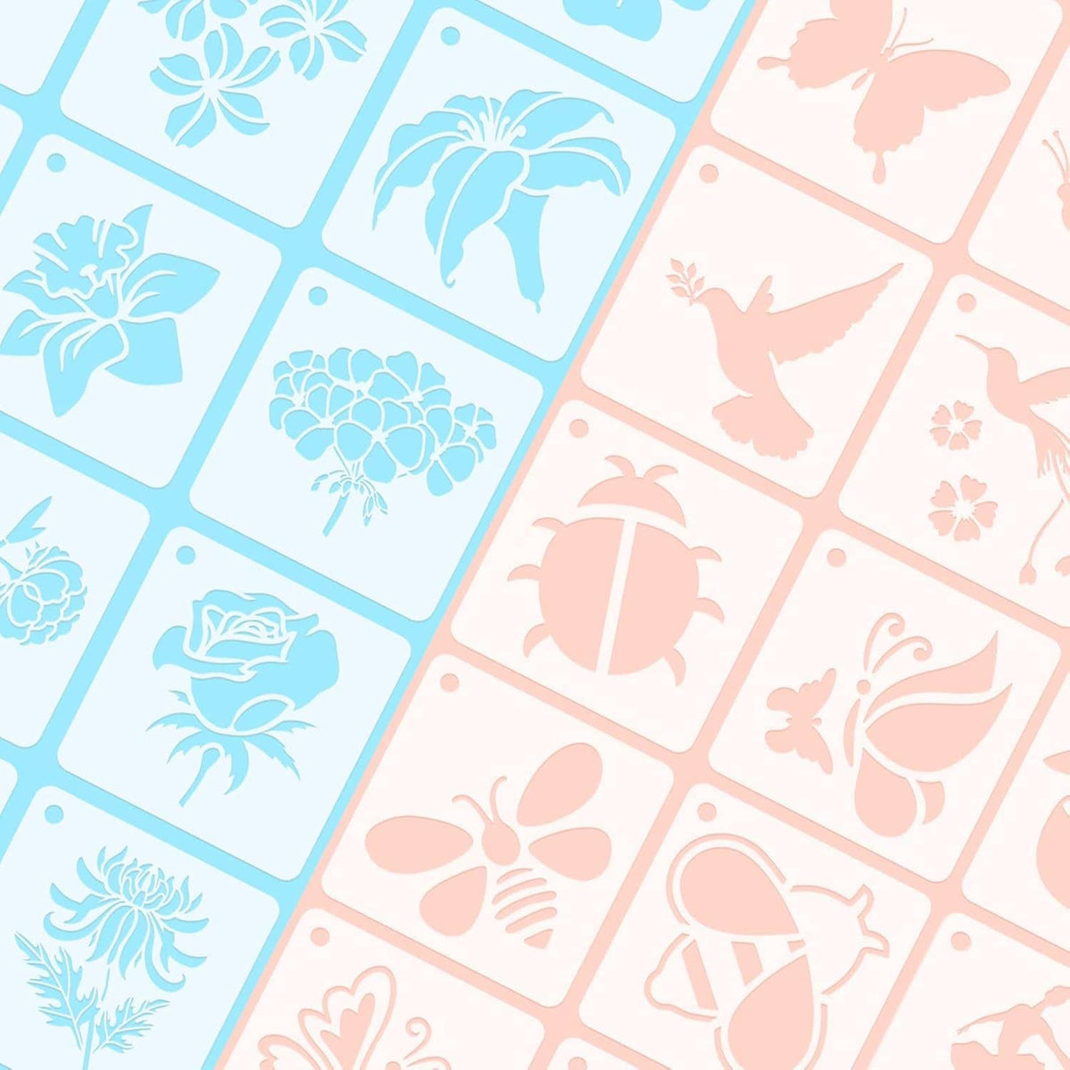 Pastel stencil sheets with butterflies, roses, and floral icons in blue and pink