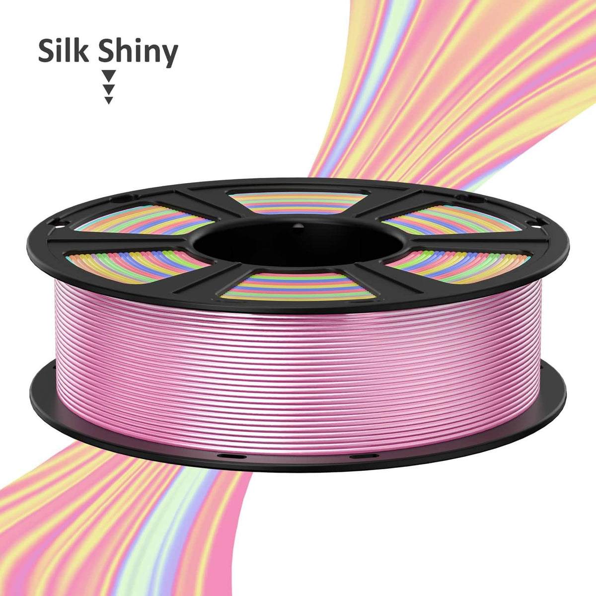 Pink silk PLA filament spool with rainbow-shiny effect and black reel