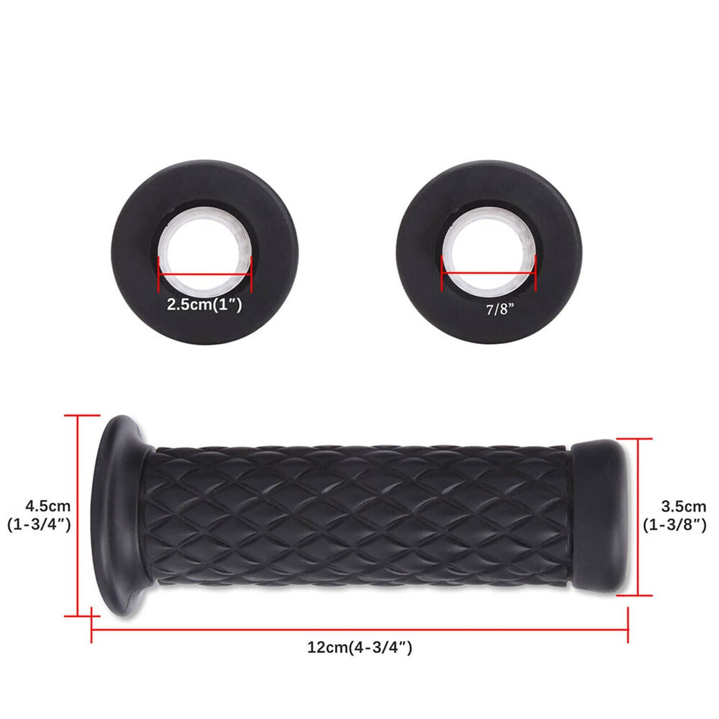 Black motorcycle hand grip set with size markings showing 7/8" inner hole and 12cm length