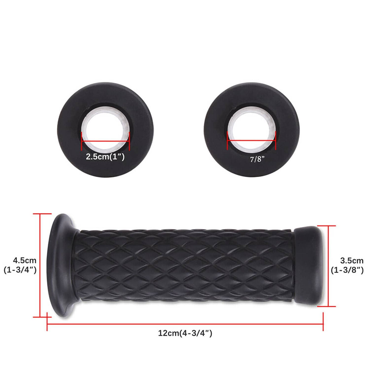 Black motorcycle hand grip set with size markings showing 7/8" inner hole and 12cm length
