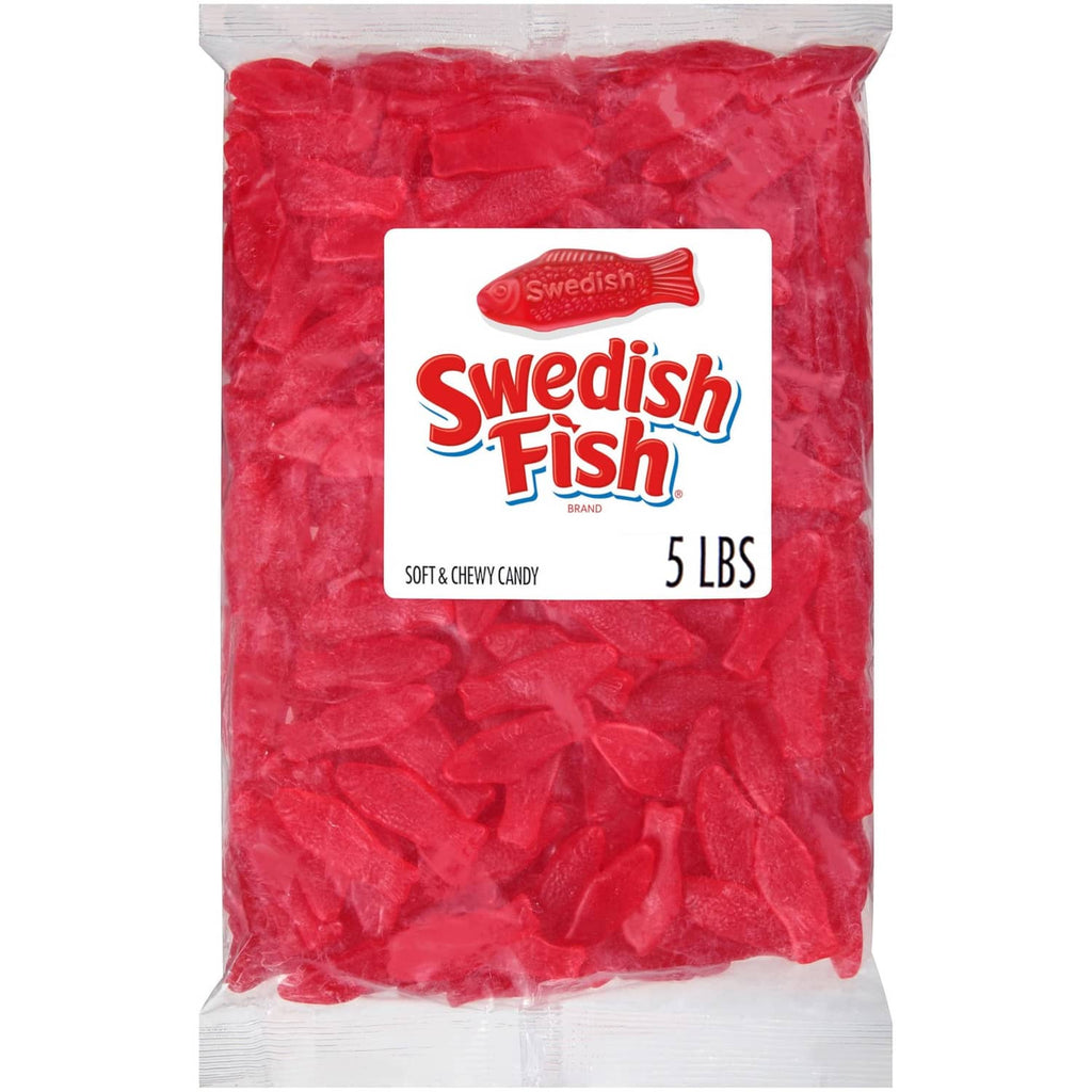 Red gummy fish candy in 5 lb bulk bag, sealed packaging