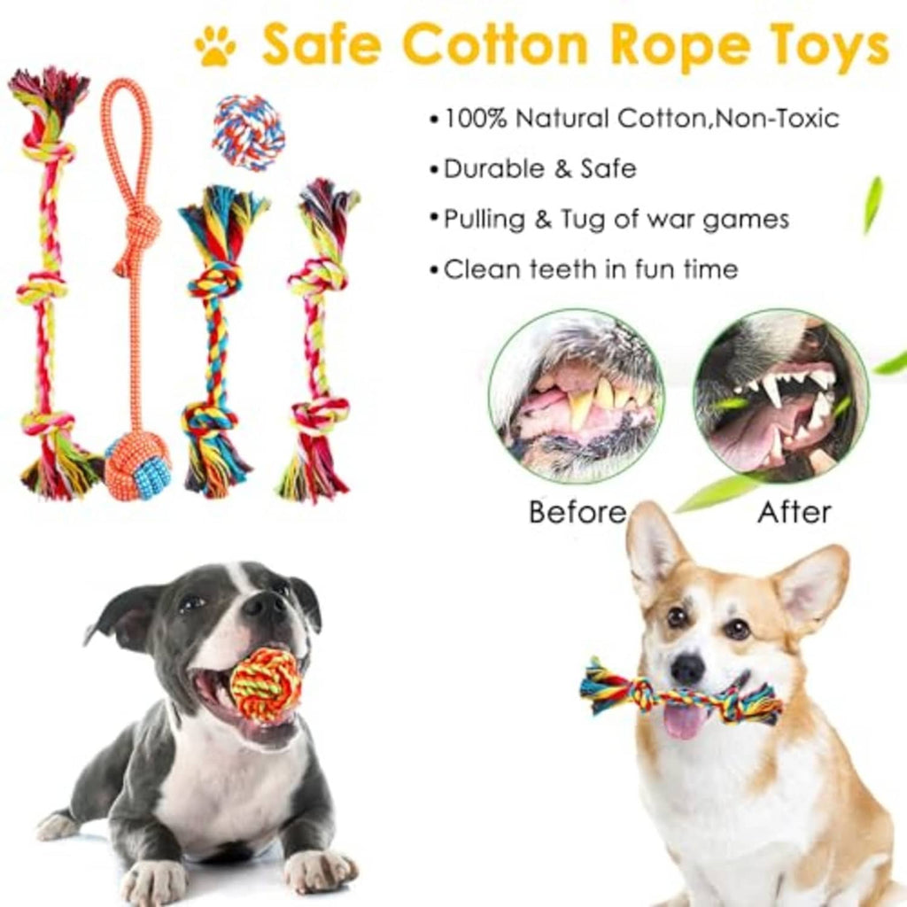 Colorful braided cotton rope tug toys with spiky squeaky chew balls