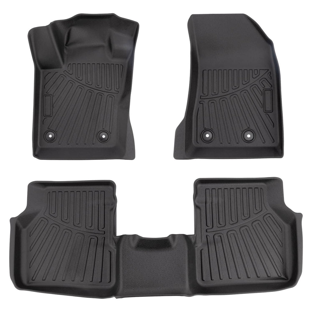 Set of four black waterproof floor mats with textured grip and raised grooves
