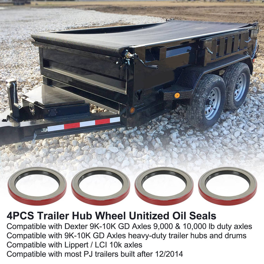 Four oil seals laid out, each with red outer rubber and black metal ring