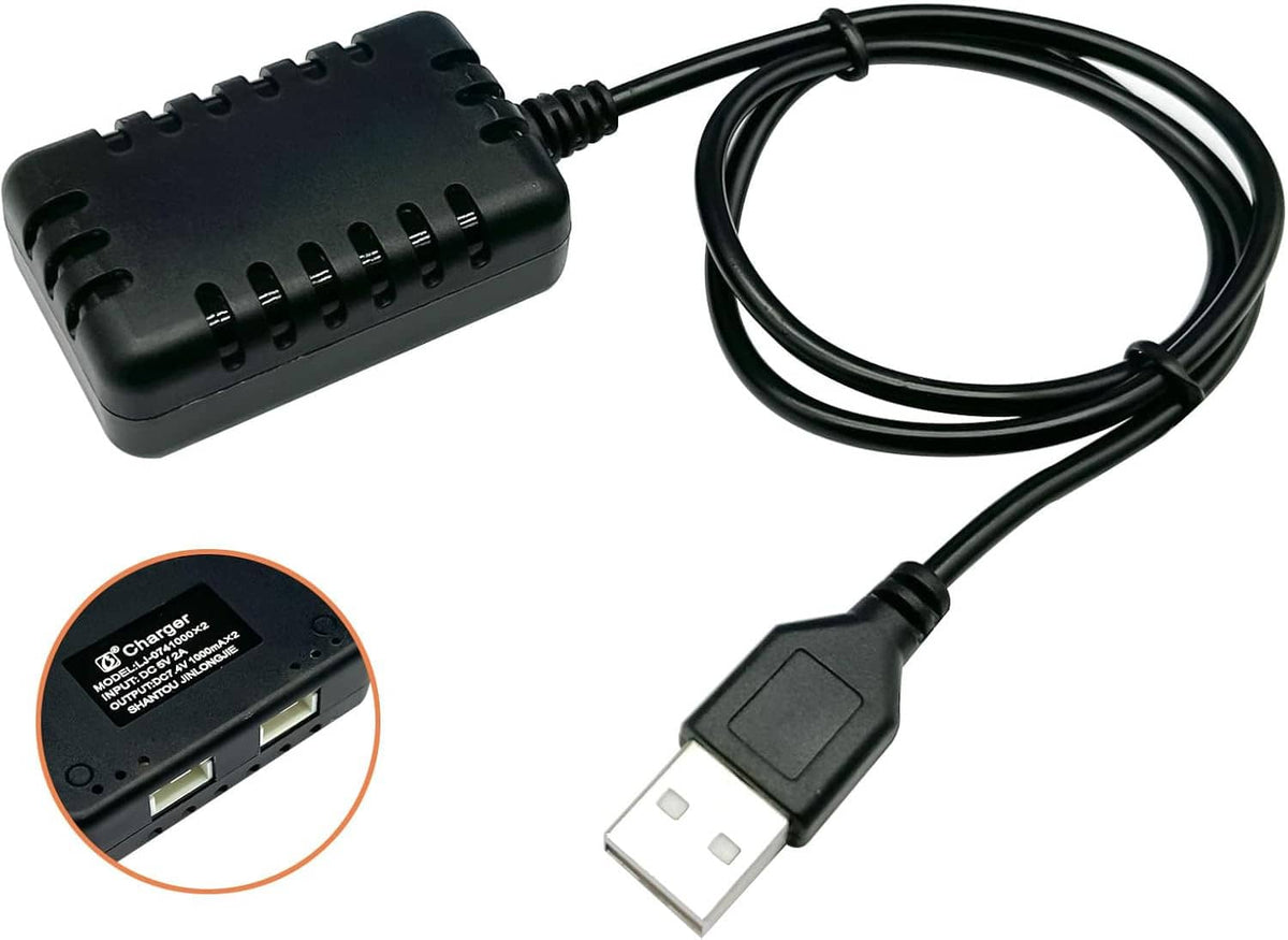 2-in-1 LiPo battery charger with black USB cable, includes close-up connector detail