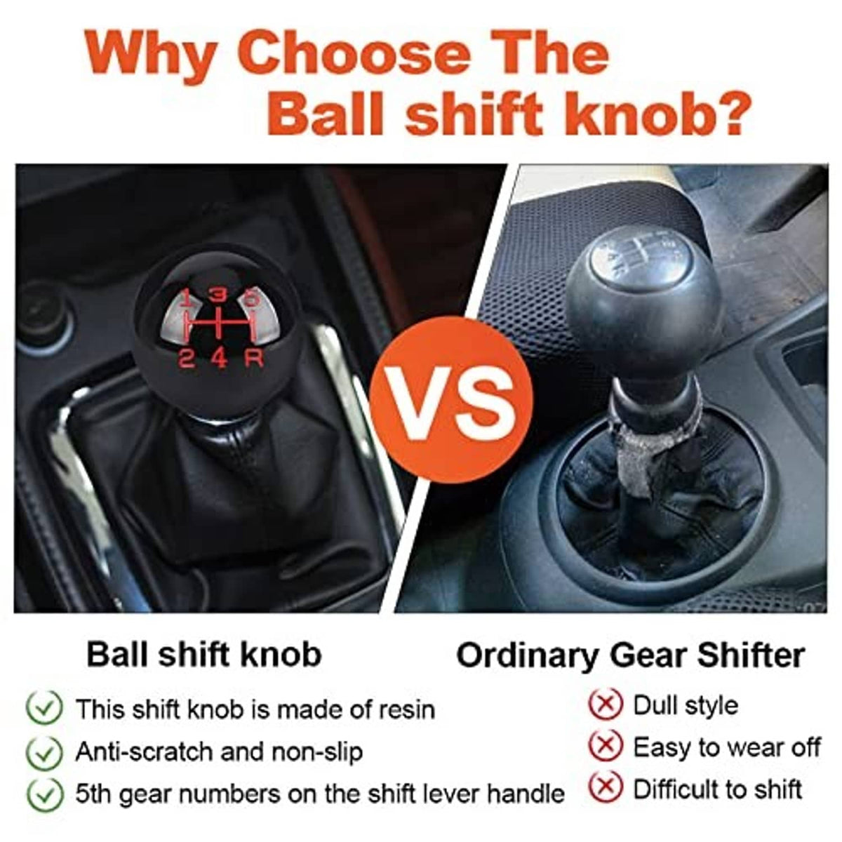 Black 5-speed ball shift knob with red 1–5 and R markings, shown beside a taller shifter