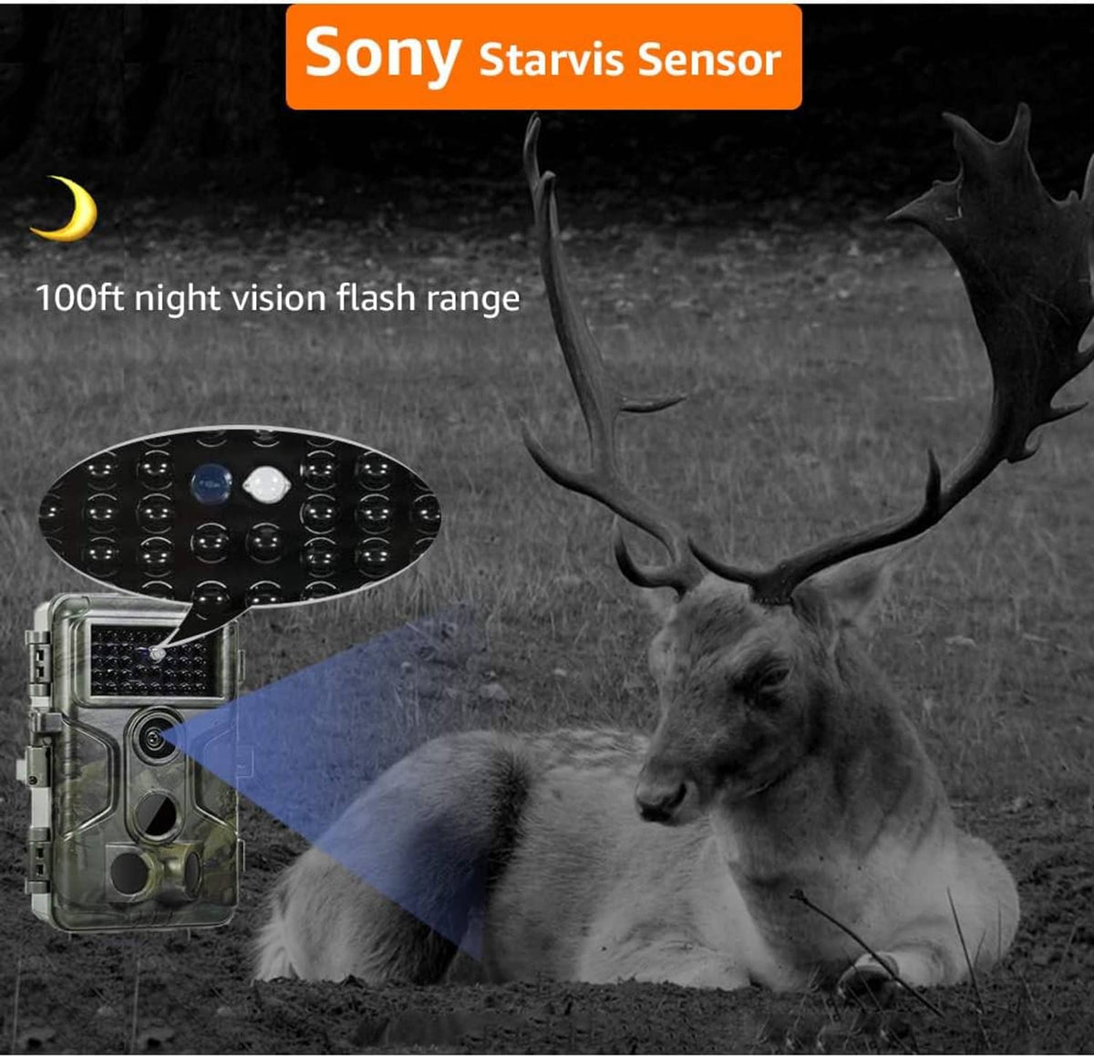 Camouflage trail camera shown with deer night-vision scene and sensor detail