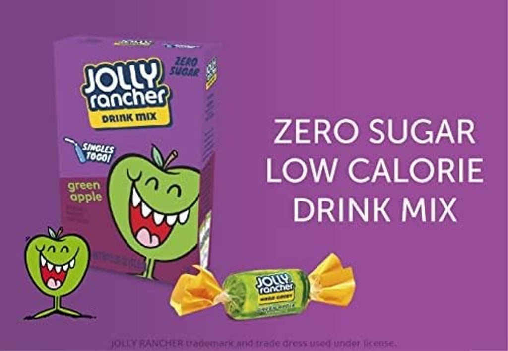 Jolly Rancher green apple zero sugar low calorie drink mix box with candy pieces