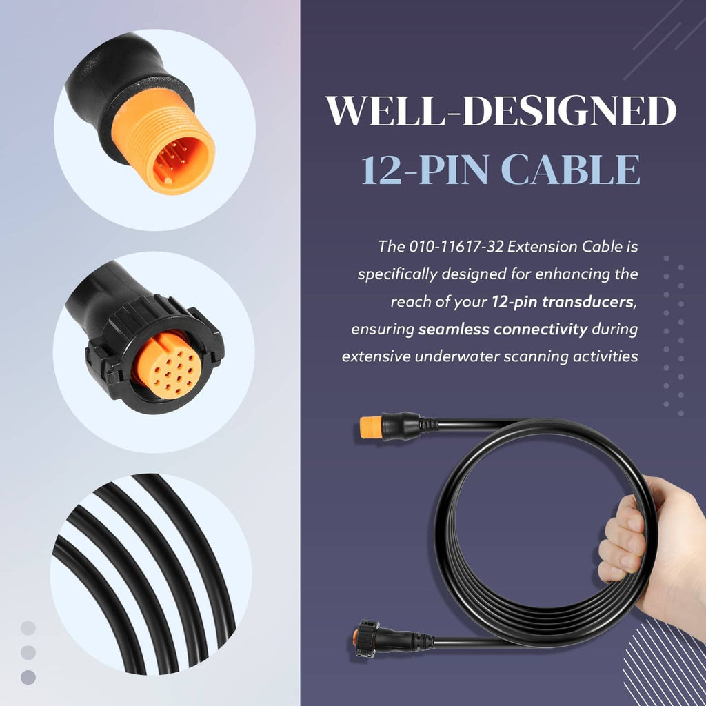 12-pin transducer extension cable featuring orange connector tips and black housing