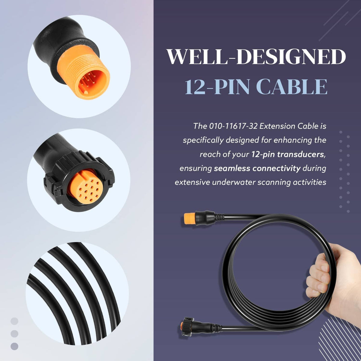12-pin transducer extension cable featuring orange connector tips and black housing