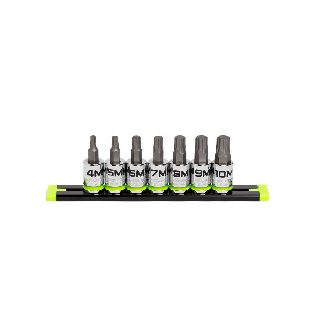 7-piece hex bit socket set on black rail with green accents and stamped sizes
