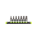 7-piece hex bit socket set on black rail with green accents and stamped sizes