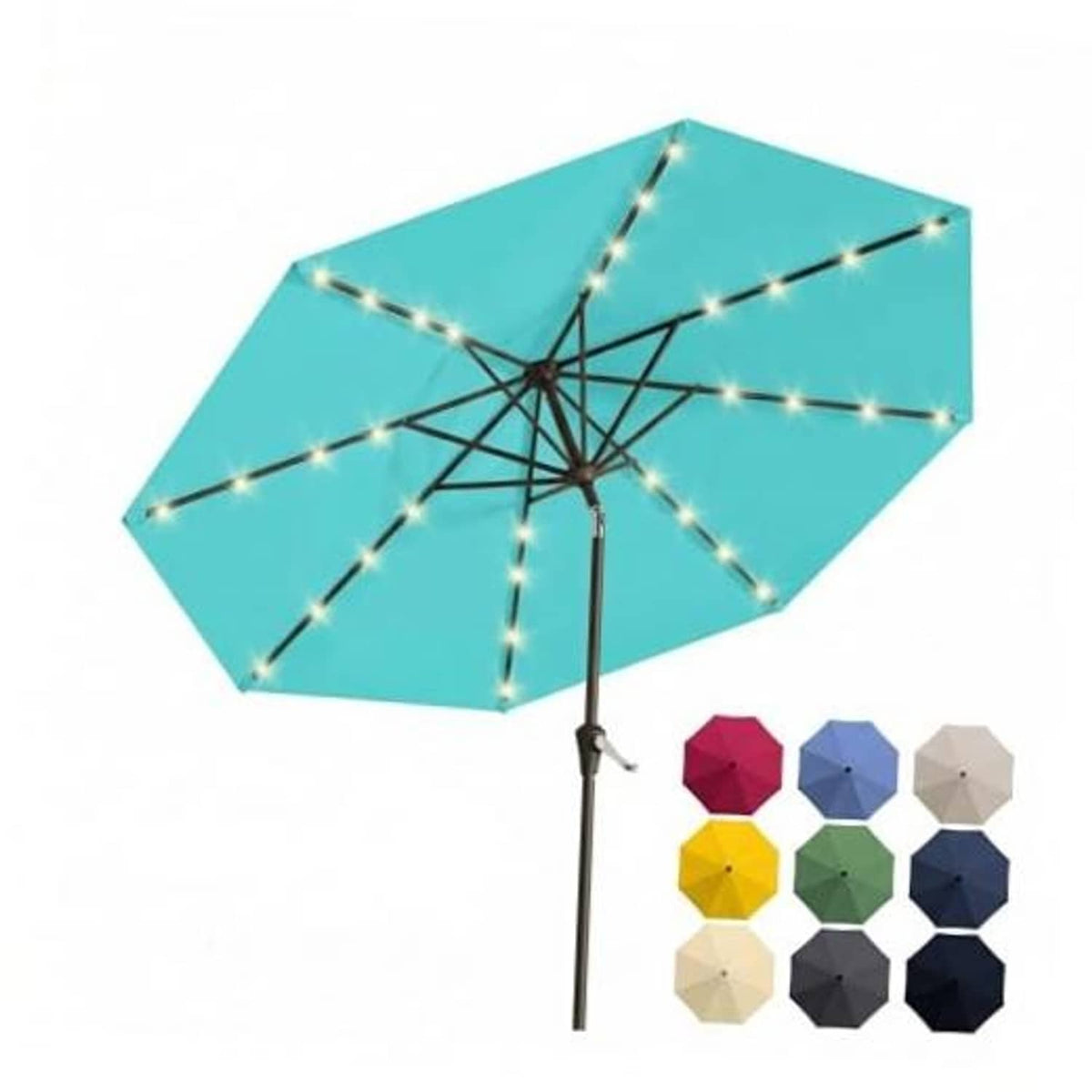 Solar patio umbrella with teal canopy and starburst LED string lights