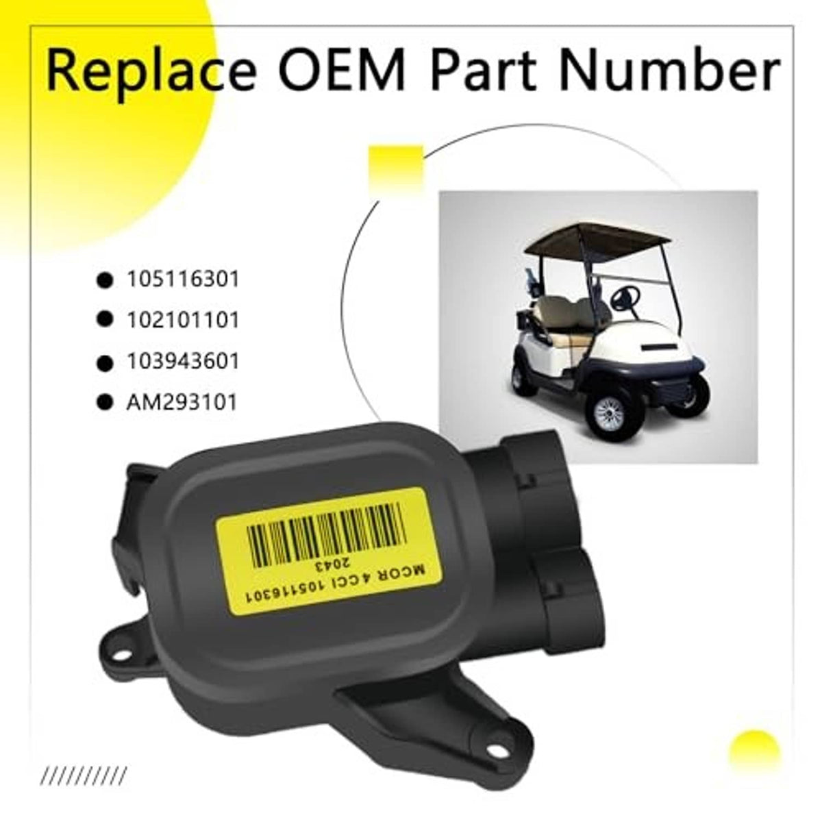 Dark gray throttle potentiometer with yellow barcode sticker and two side mounting posts