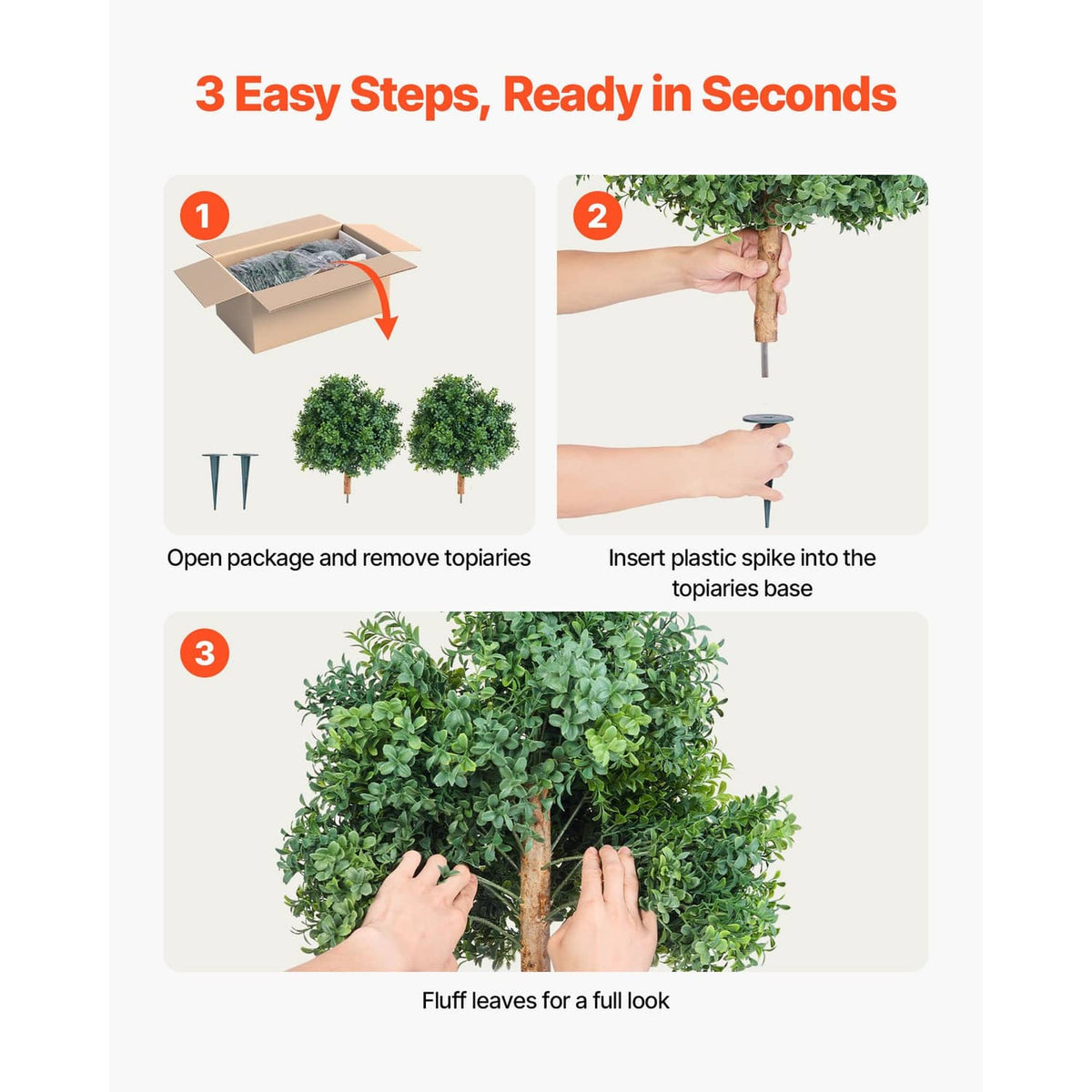 Artificial topiary trees with green foliage and plastic ground spikes for bases