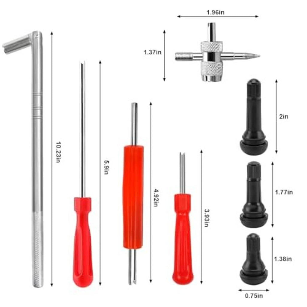 Tire valve stem removal tool kit with metal puller and red/black caps, size measurements shown