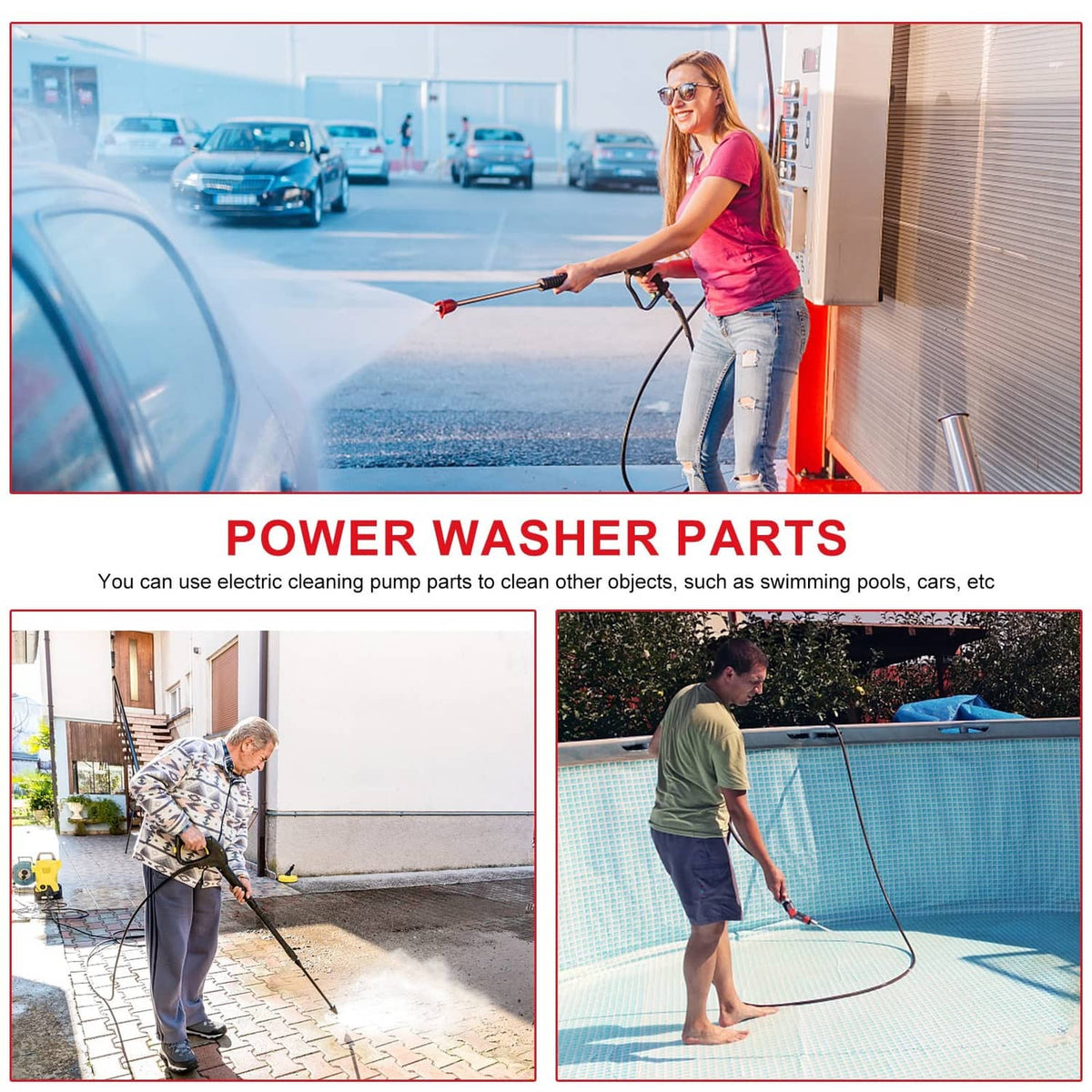 Promotional collage for power washer parts showing pressure washing in use