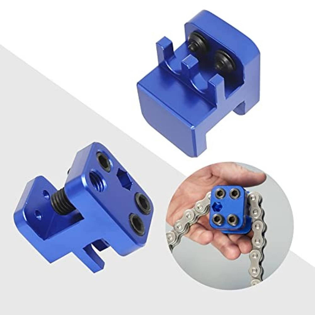 Blue chain link press tool with black rollers, paired with a chain-connector insert