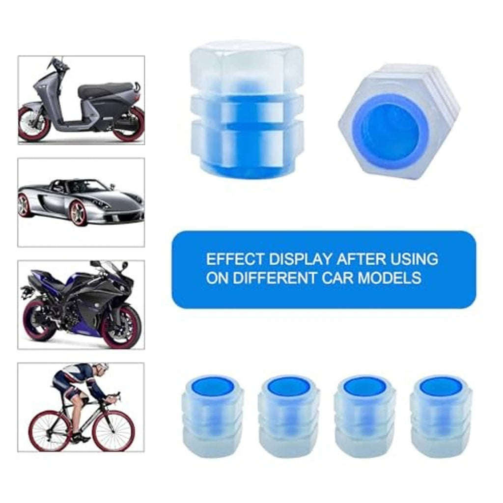 Blue glow valve stem dust caps, four-pack with effect display text