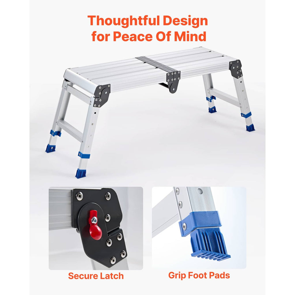 Adjustable folding work platform showing secure latch mechanism and blue grip foot pads
