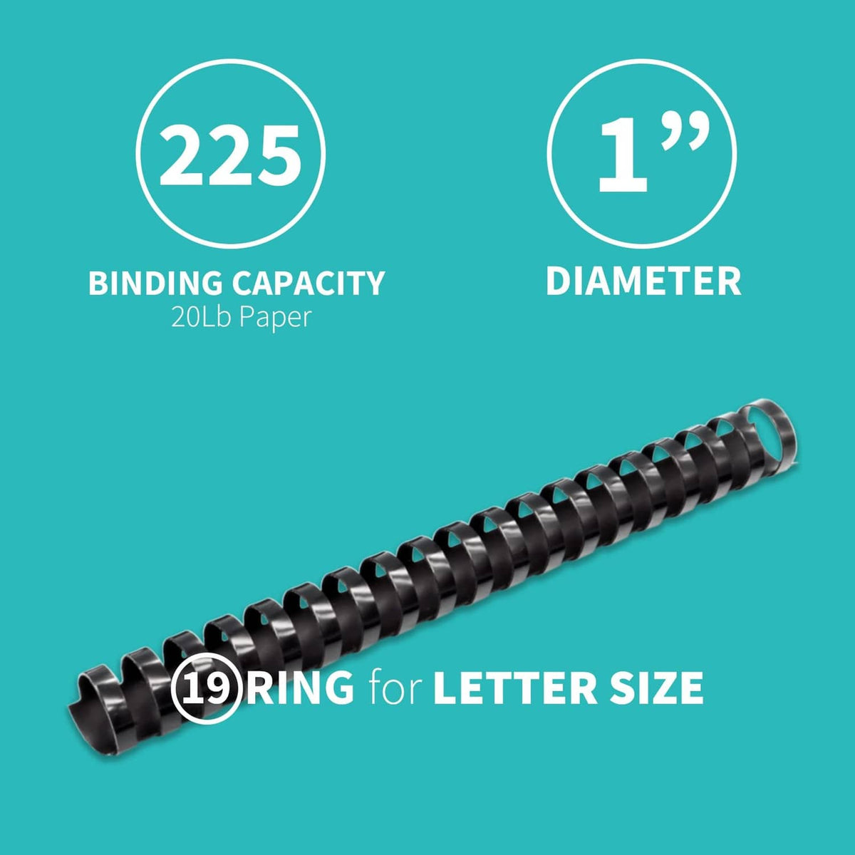 Black 1-inch 19-ring plastic comb binding spine, 225-sheet capacity