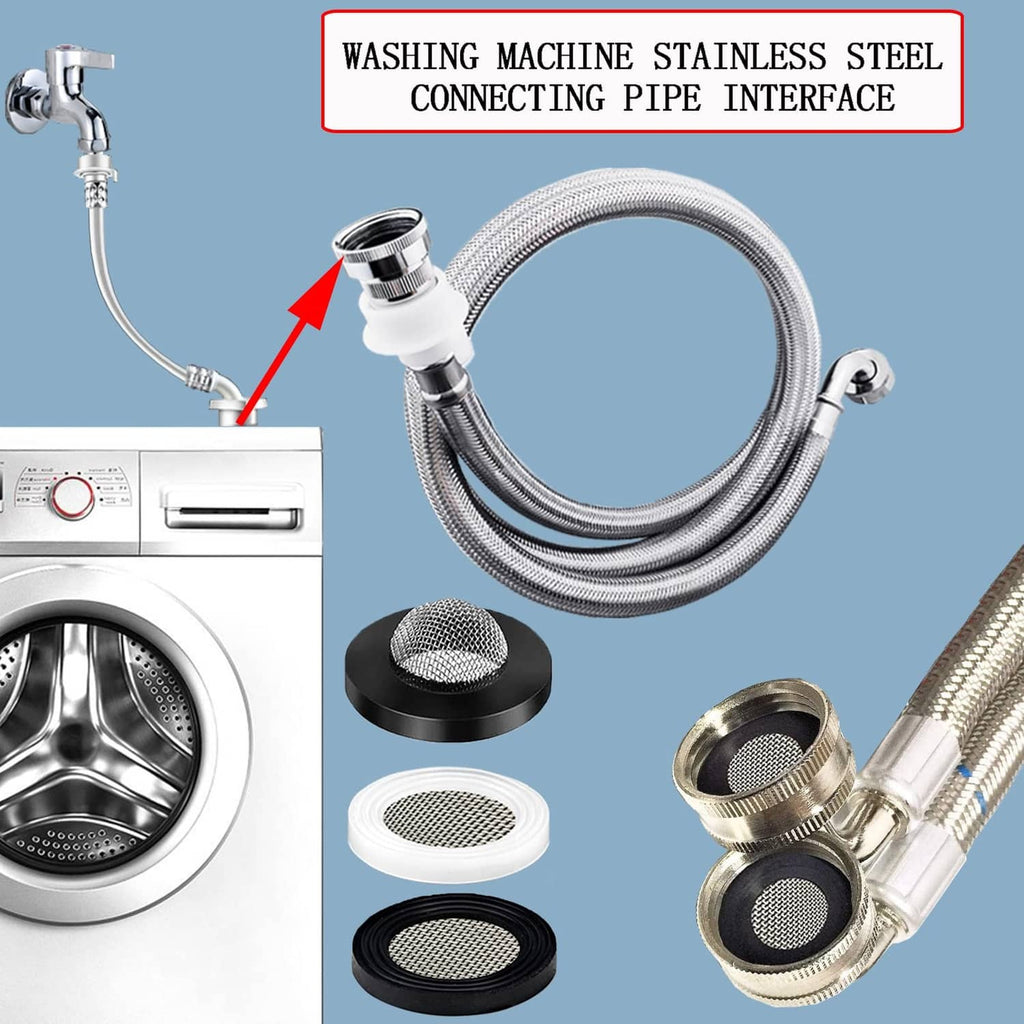Washing machine connecting pipe interface with round mesh screens and red sealing washer.