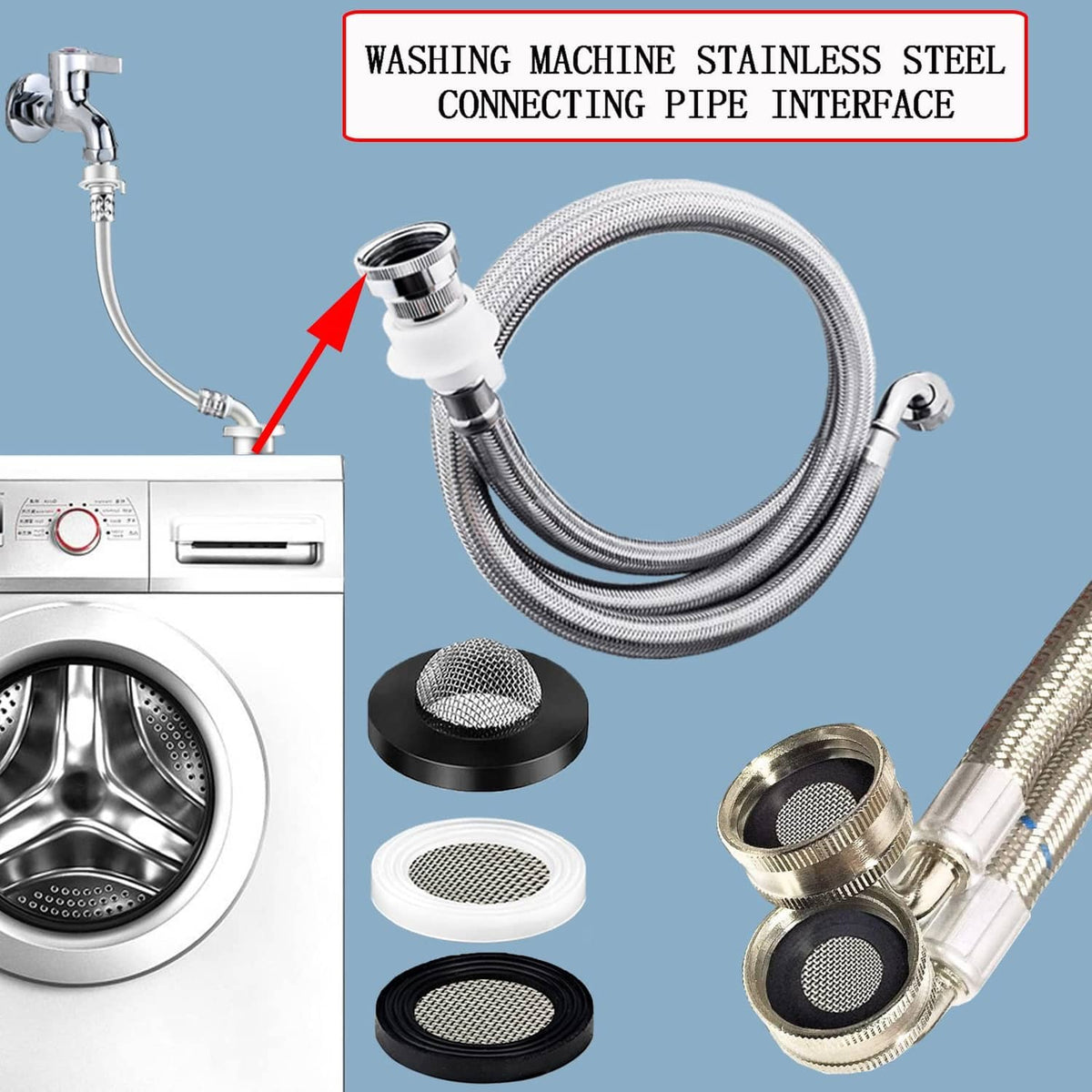 Washing machine connecting pipe interface with round mesh screens and red sealing washer.