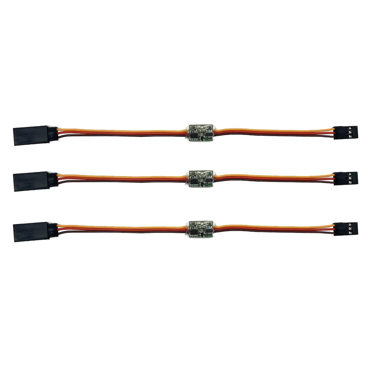 Three RC servo signal reverser boards on long cable leads with plug connectors