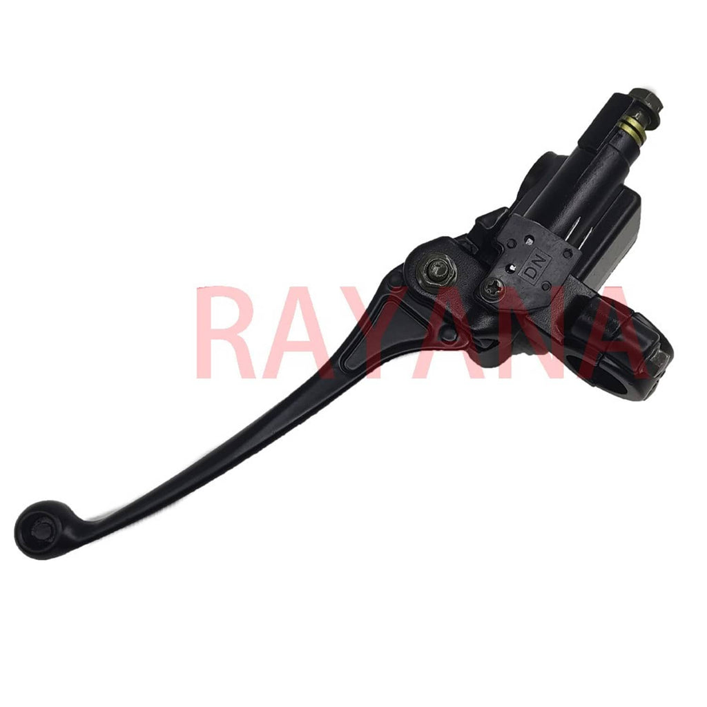 Black brake master cylinder with long lever and threaded fluid outlet