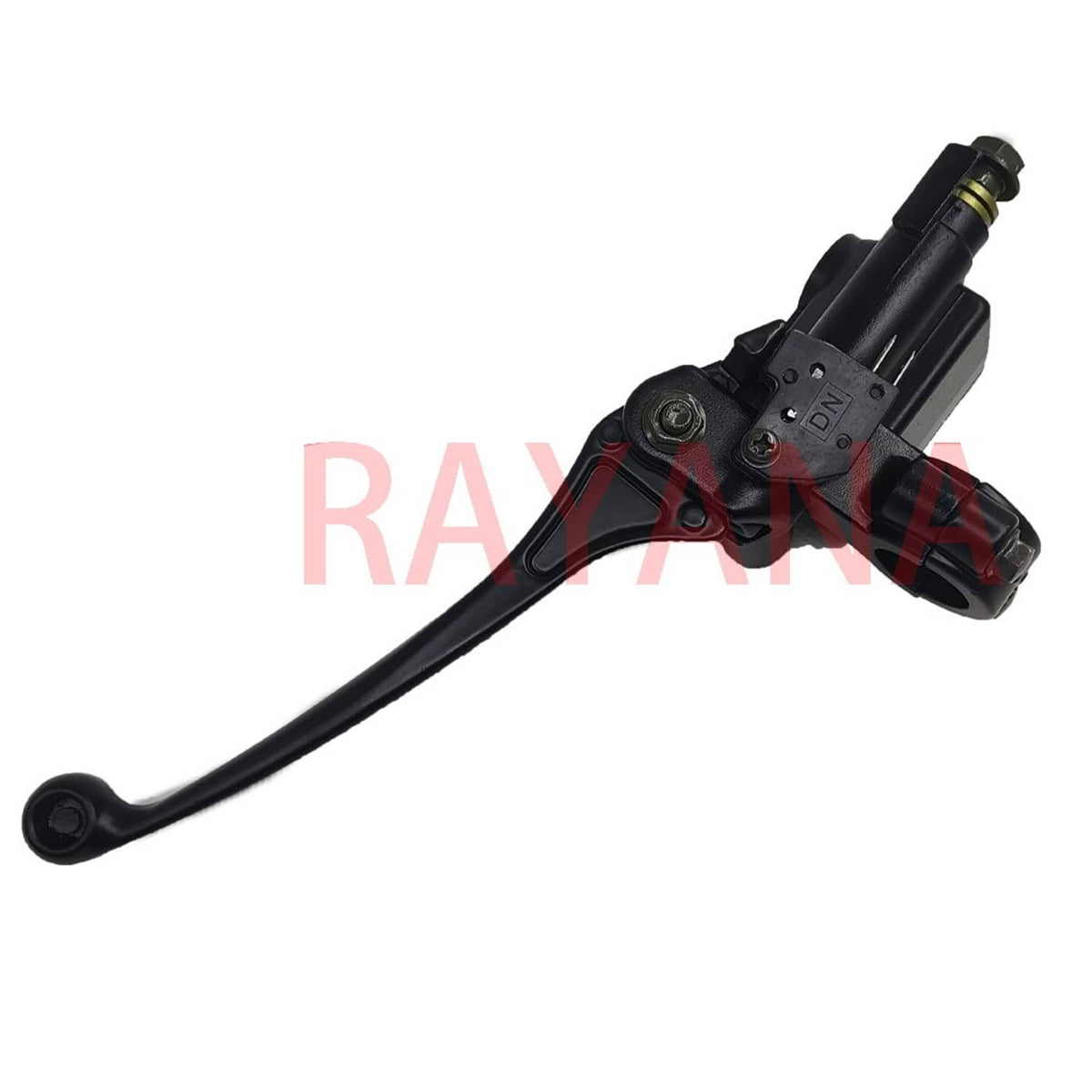 Black brake master cylinder with long lever and threaded fluid outlet