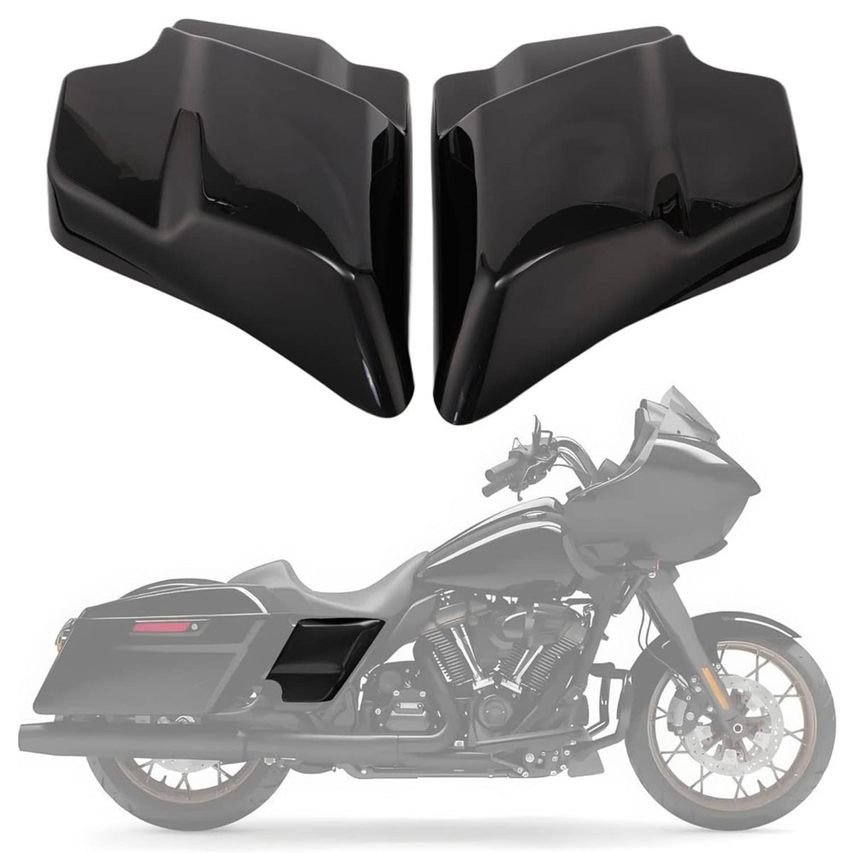 Pair of glossy black left and right side cover panels with contoured profiles