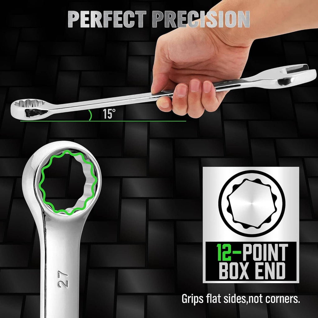 Chrome combination wrench showing 15° precision angle and 12-point box end