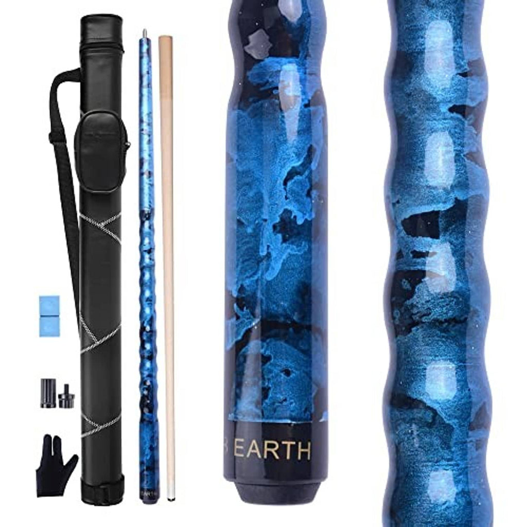 Blue pool cue stick kit with hard case, cue stick, and small accessory pieces.
