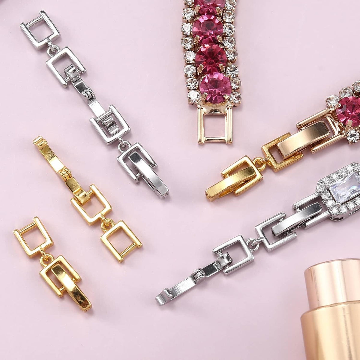 Mixed silver and gold bracelet extender clasps with decorative gemstone sections