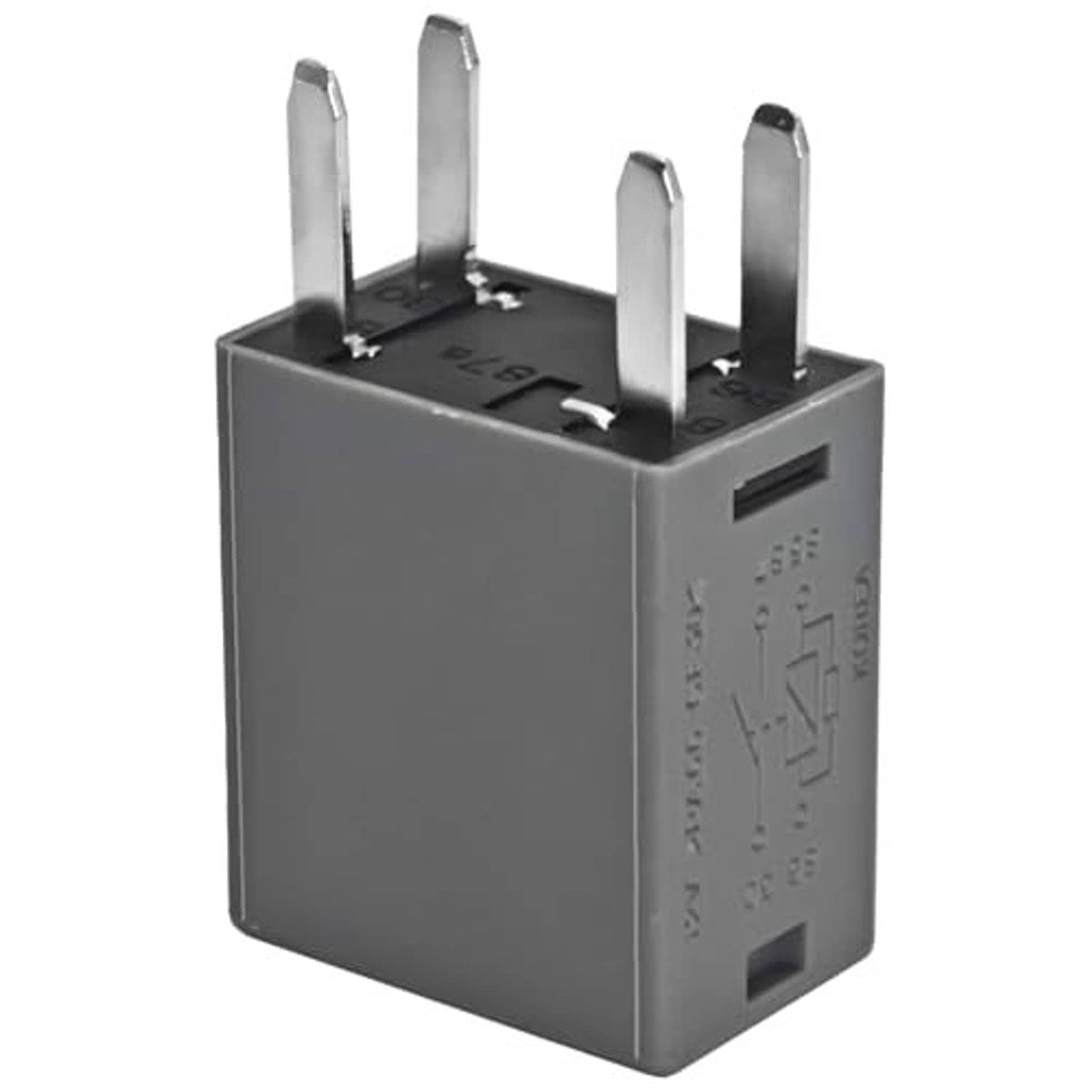 4-pin fuse relay base with four upright metal pins, dark gray plastic housing