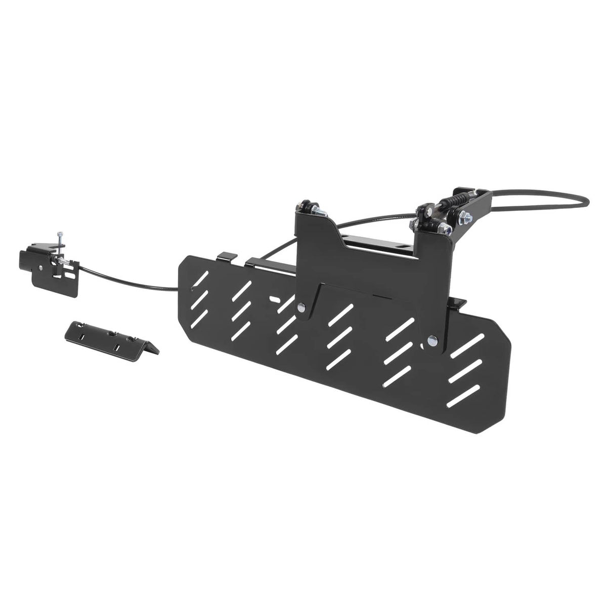 Mower chute blocker kit with black chute shield, linkage arms, and control cable