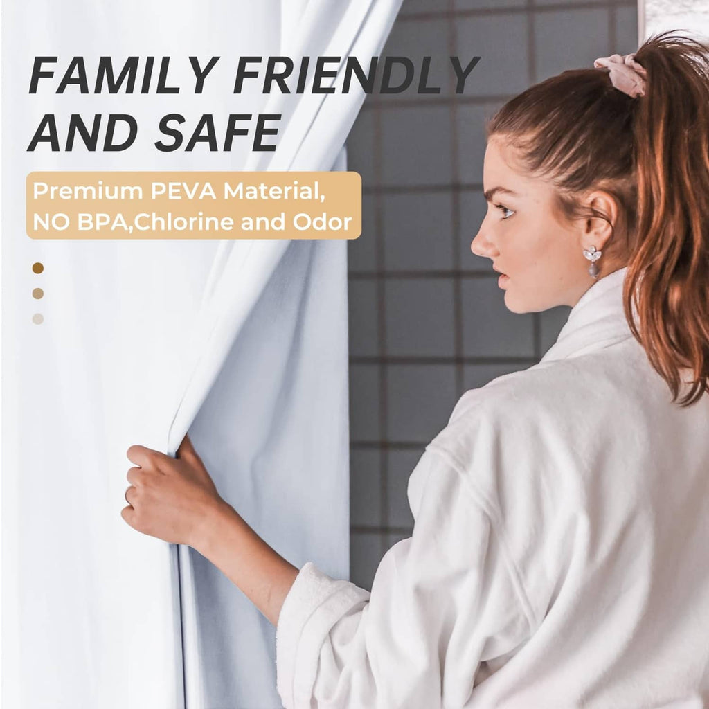 White shower curtain liner held to show smooth, flexible fabric