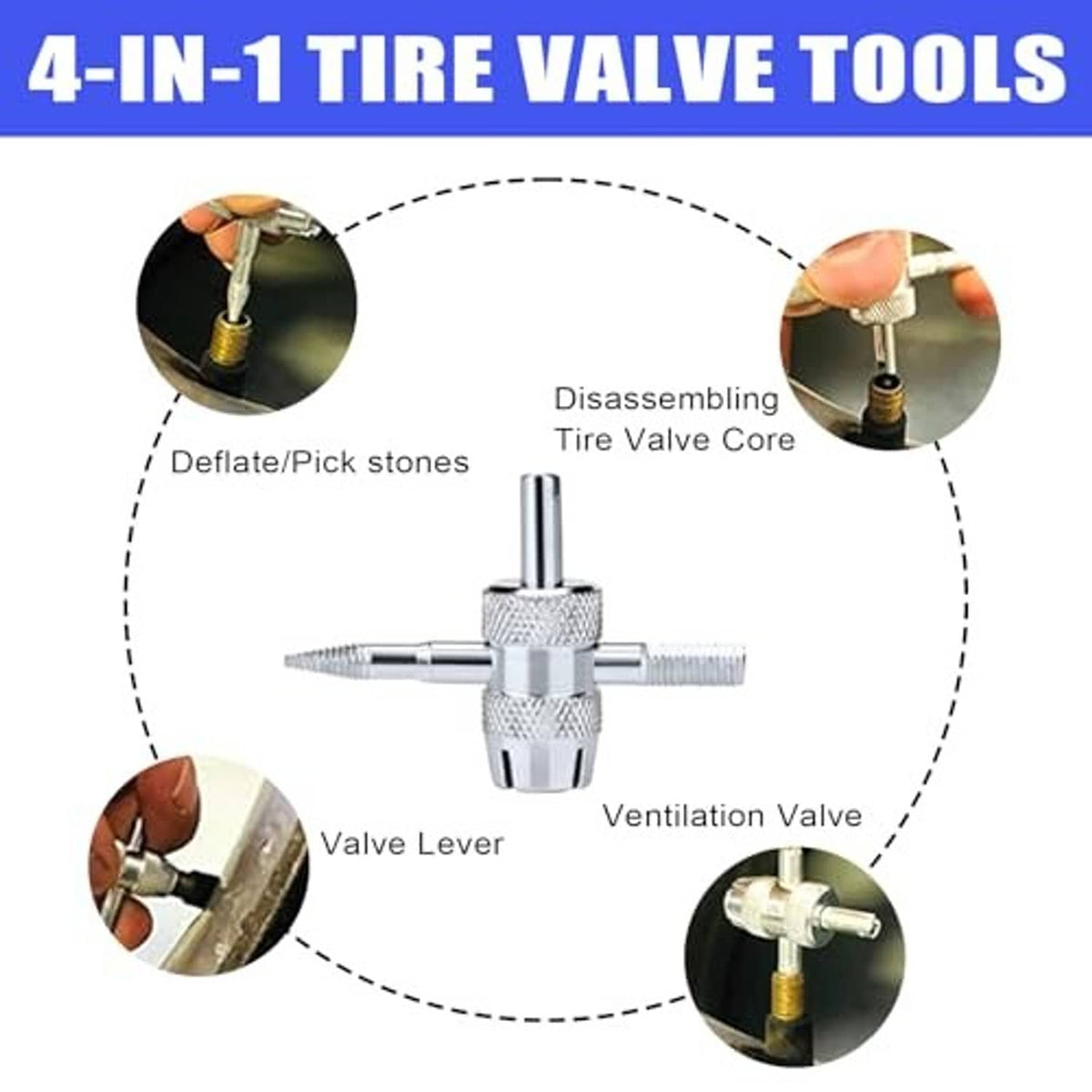 Tire valve tool kit set with metal core tool, red cap, lever tool, red push rod, and T-hook